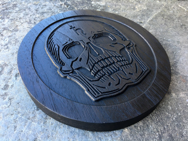SATURNIAN SKULL / Momento Mori - Carved in solid ebonised Walnut. Altar piece / Hanging plaque