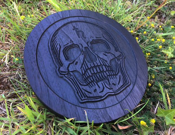 SATURNIAN SKULL / Momento Mori - Carved in solid ebonised Walnut. Altar piece / Hanging plaque