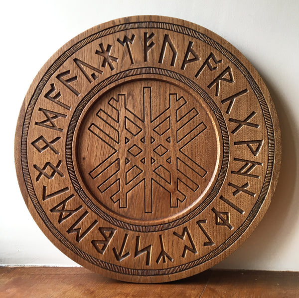 Large Oak Carved RUNE DIVINATION BOARD // Altar Piece - Anglo-Saxon Futhorc